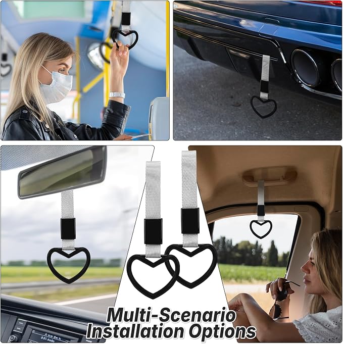 2 Pcs Heart Shaped Car Handle Strap – JD M Drift Charm Rear Bumper Warning Ring Decor for Car Interior Exterior, Subway Bus Handle Accessory, Cute Heart Car Decor Gift for Drivers (Black-Silver)