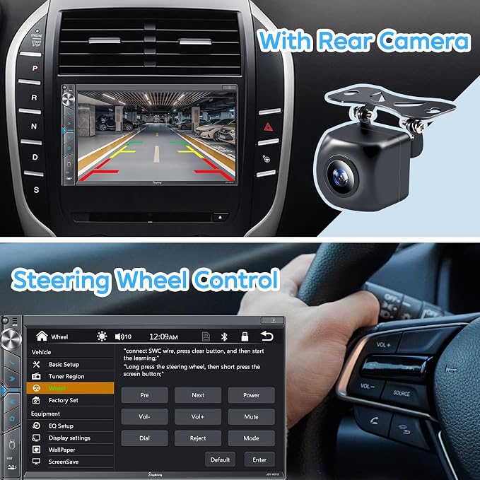 Double Din Car Stereo with Dash Cam, Wireless Apple CarPlay & Android Auto, 240W 4.2CHN, 7" Touchscreen, SWC, Bluetooth, FM/AM Car Radio, 2 Subwoofers Outputs, Backup Camera