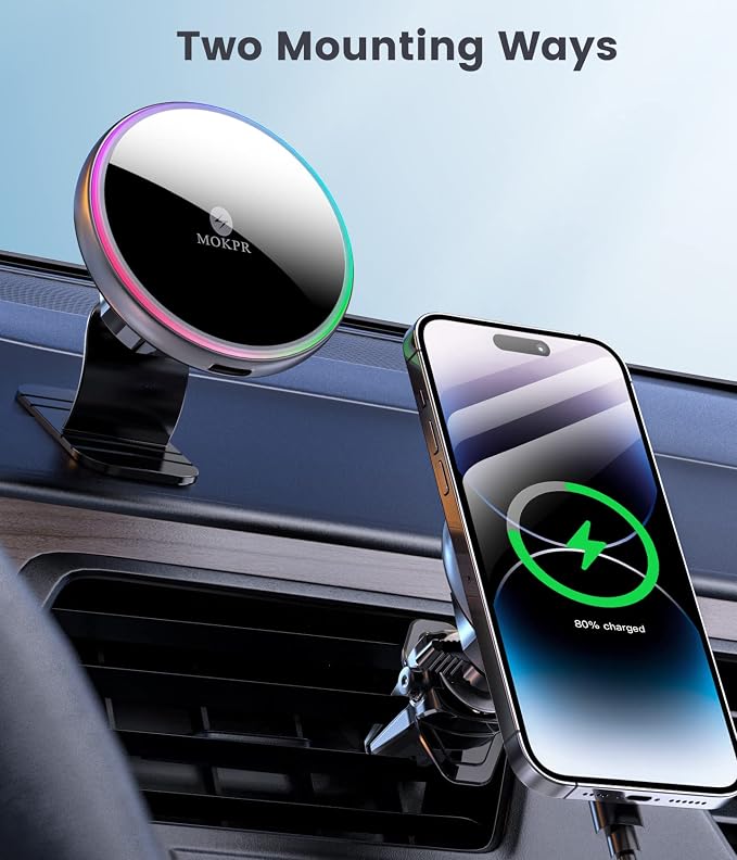 for Magsafe Car Mount Charger-Wireless Car Charger-Magnetic Car Phone Holder for Dash Air Vent-LED RGB HandsFree Car Mount Fast Car Charger for iPhone 16 15/14/13/12 Series with QC 3.0 Adapter