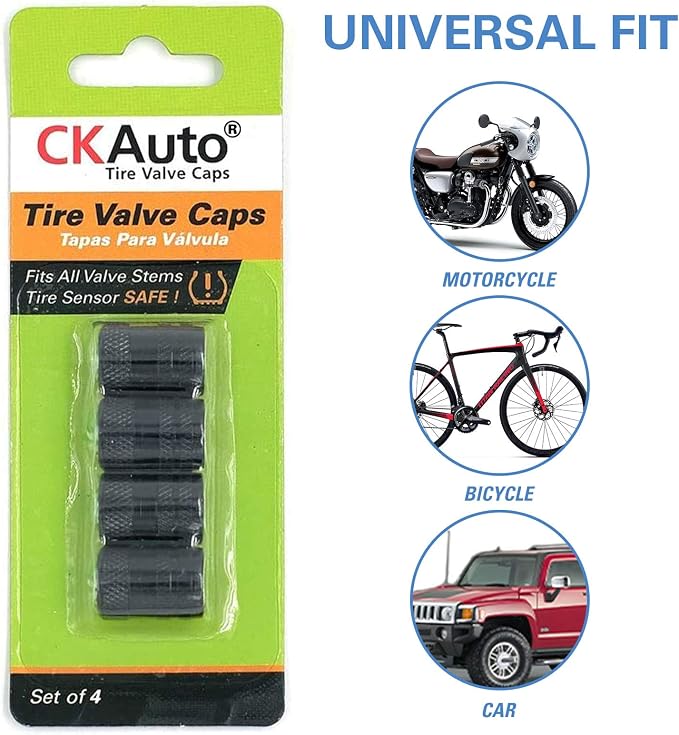 Tire Valve Stem Caps, Anodized Aluminum Tire Valve Cap Set, Corrosion Resistant, Universal Stem Covers for Cars Trucks Motorcycles SUVs and Bikes (Black-US)