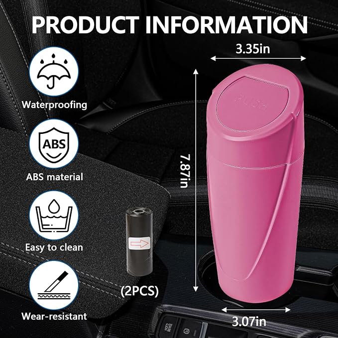 Mini Car Trash Can with Lid, Portable Garbage Can for Car, Leakproof Cup Holder Automotive Garbage Bin with 2 Rolls of Trash Bags, Small Trash Storage Can for Car Home Office(Rose Red)