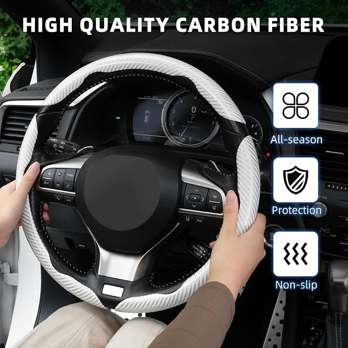3pcs Carbon Fiber Anti-Skid Steering Wheel Cover, Waterproof Design, Universal Fit for 14-16 Inch Car Wheel Cover, Interior Car Accessories for Jeeps, SUVs, Trucks (Glossy White)