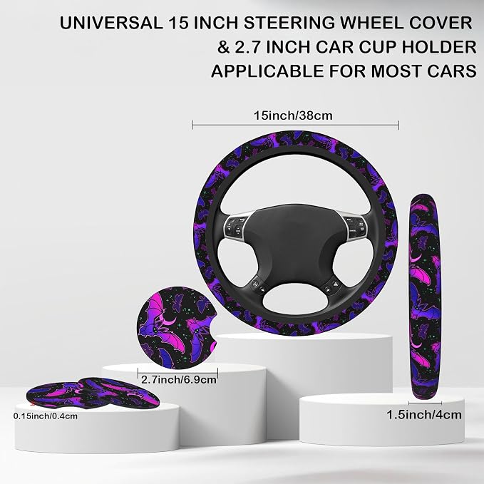 Purple Bat on Starry Sky Steering Wheel Cover with 2 Pcs Car Coasters Neoprene Steering Wheel Cover for Women Men Anti-Slip Breathable Car Accessories Universal 15 Inch Fit Auto Cars Trucks