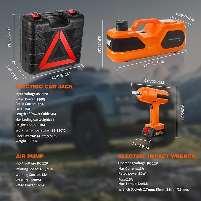 5 ton Cordless Electric car Jack kit with Hydraulic Lift,Lithium Battery & Double Cylinder air Pump & LCD Touch Screen - Portable car Jack and Stand kit Includes Impact Wrench