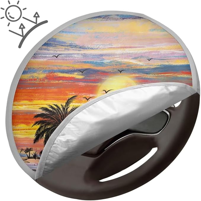 Universal Car Steering Wheel Sun Shade Cover, Heat-Resist Aluminum Foil Palm Tree Steering Wheel Cover for Most of Car SUV Truck Van