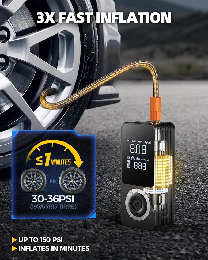 Cordless Tire Inflator Portable Air Compressor, Smart Air Pump for Car Tire with Digital Pressure Gauge, LED Light, 12V Car Power Adapter, Storage Box, 4 Valve