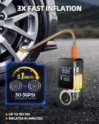 Cordless Tire Inflator Portable Air Compressor, Smart Air Pump for Car Tire with Digital Pressure Gauge, LED Light, 12V Car Power Adapter, Storage Box, 4 Valve