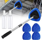 Car Windshield Cleaning Tool Set, Interior Exterior Auto Glass Cleaner Kit with Detachable Handle, 4 Reusable Microfiber Pads, Extendable Wiper Brush for Cars Trucks Home (Blue)