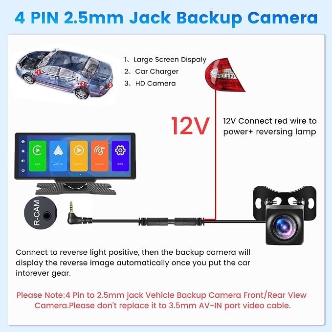 [for Portable Car Radio] 4 Pin Upgrade AHD 1080P Backup Camera, Camera for Carplay Screen 2.5mm Jack Backup Camera 2.5mm Jack Dash Cam Reverse Camera Cable,23 Ft 4 Pin to 2.5mm Male Plug