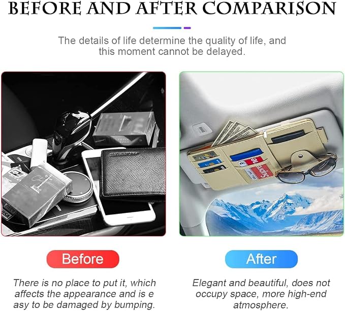 Car Sun Visor Organizer, Leather Storage Pocket Sun Visor Pouch with Zipper for Cards License Registration Pen Glasses Document, Fits Most Car SUV, Auto Interior Accessories (Beige)