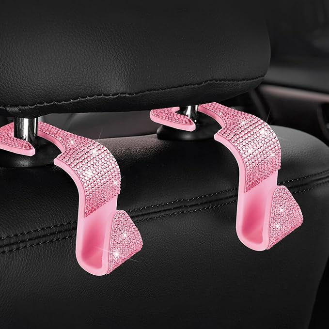 Zpana 4PCS Bling Car Seat Headrest Hooks, Vehicle Back Seat Purse Handbag Hanging Holder with Crystal Rhinestone, Diamond Storage Organizer Hook, Universal Automotive Accessories (Pink)