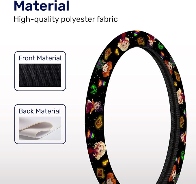 Black Witchy Halloween Steering Wheel Cover, Non-Slip Polyester Wheel Grip, Universal 15 Inch Car Accessory
