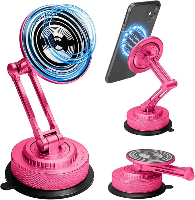 PIEPIE All-Metal Alloy Long Arm Magnetic Suction Cup Car Phone Mount(Pink) | Strong Powerful Magnetic Heavy-Duty Windshield Dash 360° Mechanical Rotation Cell Mobile Phone Vehicle Bracket for All Cars