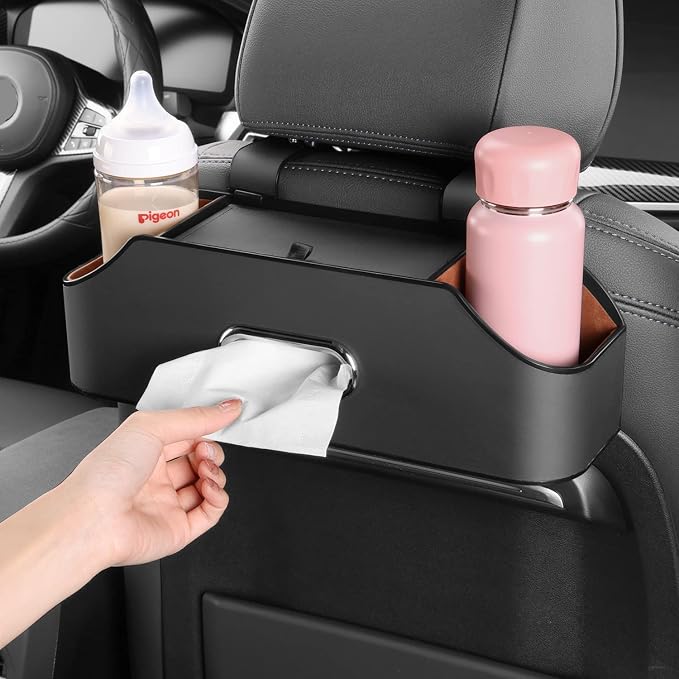 Car Back Seat Organizer with 2 Drink Cup Holder - Tissue Box and Storage Box Hook - Multi-functional Storage - Great for Kids and Travel (Black)