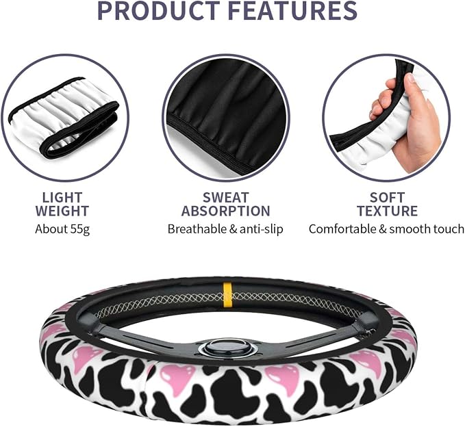 Cow Pink Print Cute Country Rustic Farmhouse Steering Wheel Cover Car Accessories Cute for Women Girls Girly Universal 15 Inch Neoprene Auto Interior Decor Anti Slip Car Truck Protector