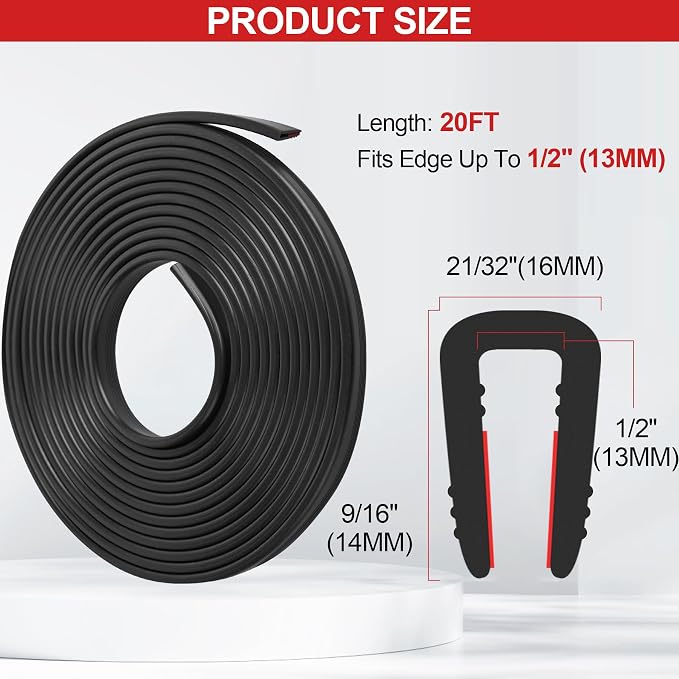Rubber Edge Trim U Channel, 1/2" Self Adhesive Sheet Metal Edge Guard Protector, EPDM Seal Strip for Car Doors, Steel Plates, Glass, Hatches, Table Corners, Fit 1/2"(13mm), 20Ft, Black