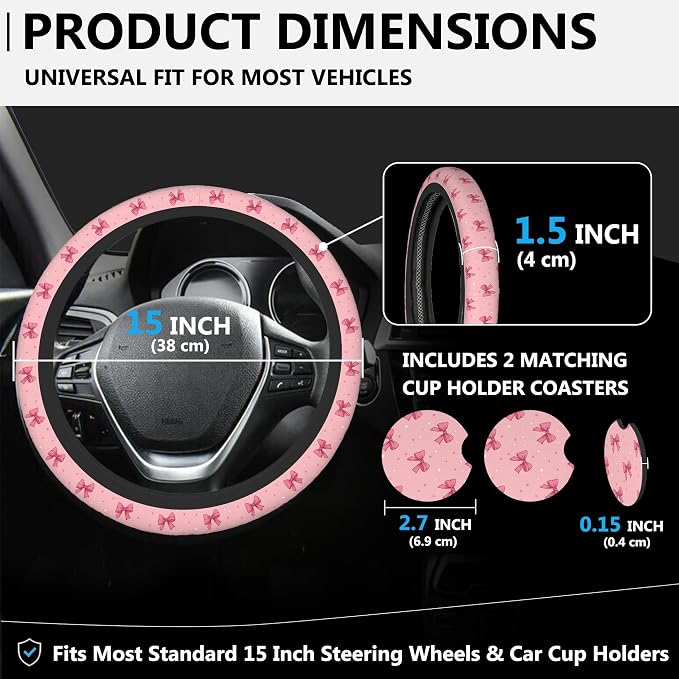 Pink Bows Steering Wheel Cover for Women, Anti-Slip Car Steering Wheel Cover with 2 Pcs Cup Holders Neoprene Breathable Car Accessories Universal 15 Inch Auto Interior Decor