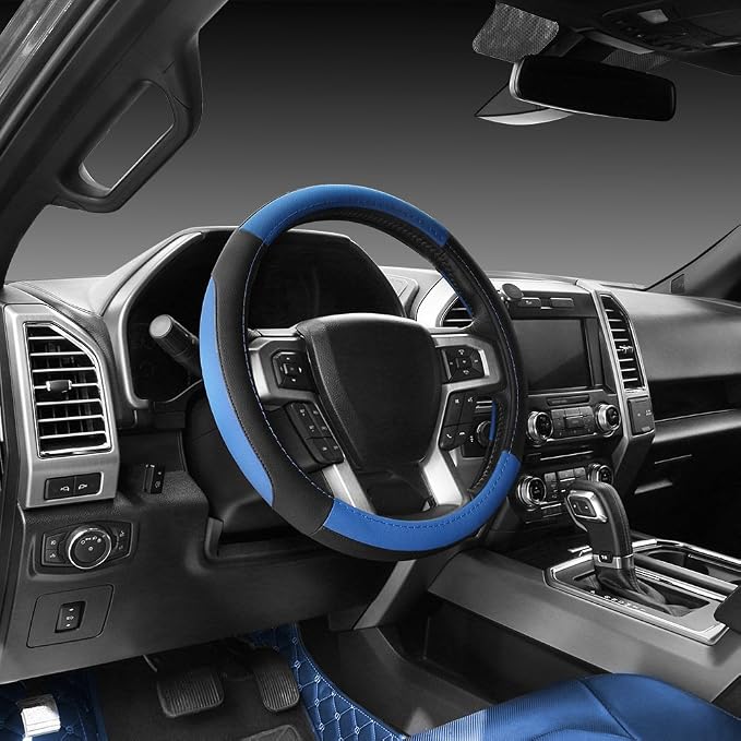 Car Steering Wheel Cover for F-150 Tundra Range Rover 15.5-16 inch, Black and Blue Microfiber Leather