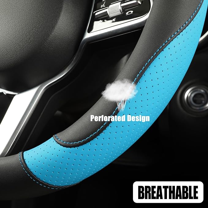 Black Blue Microfiber Leather D Shaped Steering Wheel Cover | Breathable Anti Slip Grip Cool Sporty Look Glow for Women Men