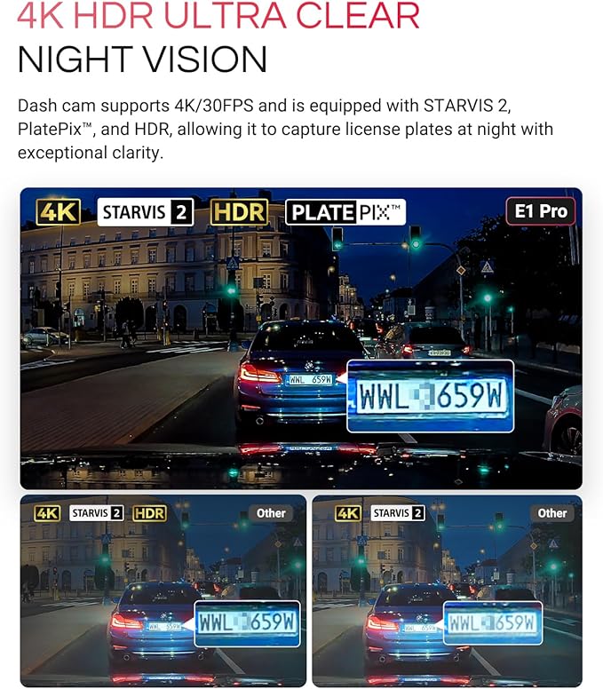 E1 Pro 4K Mini Dash Cam Front, STARVIS 2 PlatePix HDR Night Vision Car Camera, Built-in 5G WiFi GPS, 1.54'' IPS Screen, Voice Control, 24/7 Buffered Parking Mode, Support 1TB Max