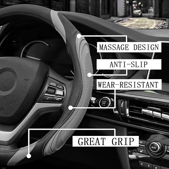 15 Inch Car Leather Steering Wheel Cover, Automotive Accessories Elastic Breathable Anti-Slip Soft Wheel Protector Fits Men and Women, Suitable for SUVs, Trucks, Vehicles and RVs (Gray)