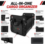 PAT SAM'S Car Trunk Organizer for SUV, Waterproof Collapsible Storage with Removable Dividers, Anti-Slip Bottom, Tie-Down Straps & Anchor Rings, Foldable Trunk Organizer for Grocery Tools Travel