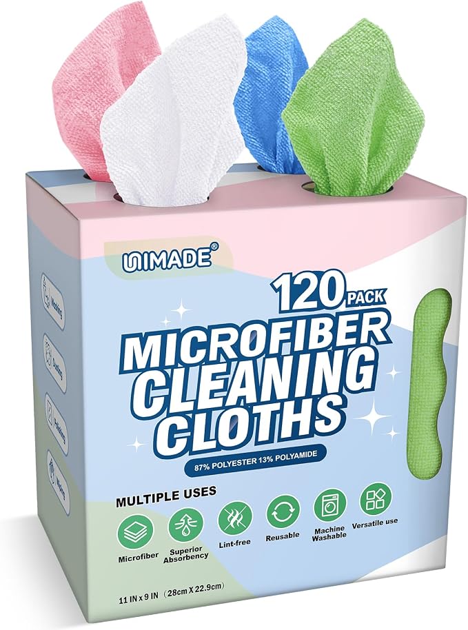 Microfiber Cleaning Cloth, 120 Pack Reusable Paper Towels Microfiber Towels for Cars Lint Free Shop Rags with for Home Kitchen Automotive, 11"x 9", White & Green & Blue & Pink