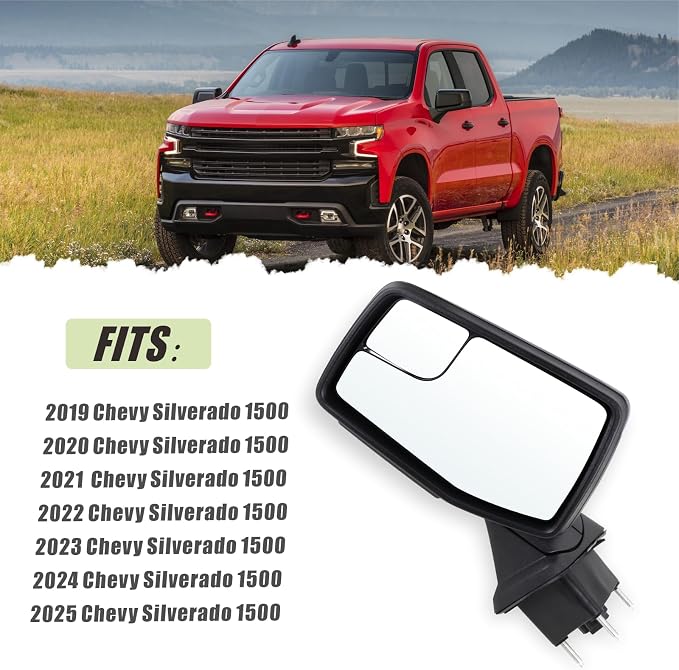 Left Driver Side Mirror Compatible With 2019-2025 Chevy Silverado 1500 With Power Glass Power Folding Heated Turn Signal Puddle Lights Mirror Memory Black Replace#84309683(13Pins)