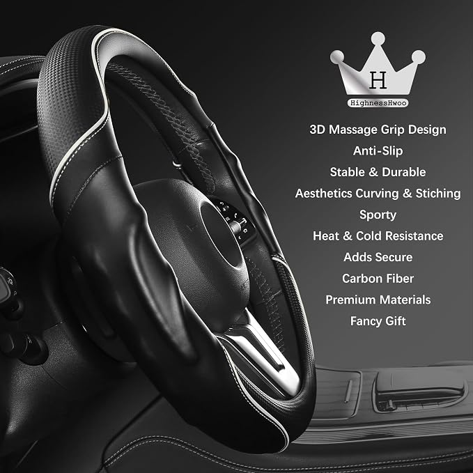 3D Car Steering Wheel Cover Comfort Grip Massage Sporty Anti-Slip Carbon Fiber Faux Leather for Sedan SUV, Universal Fit, Car Handle Covers for All Seasons, 14.75-15.15in, White
