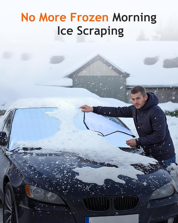 Windshield Snow Ice Cover, Windproof Exterior Car Front Window Frost Guard, Snow-Proof Universal Fit Winter Windshield Wiper Sun Shade Protector Cover All Weather Protection, Windscreen Shield