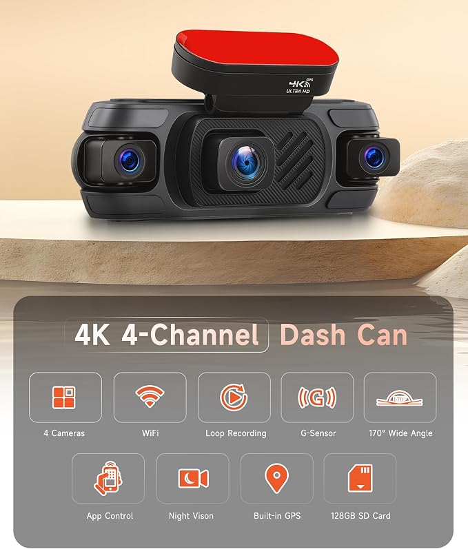 4K 360° Dash Cam 4-Channel Front/Rear/Inside/Side Car Dash Camera with WiFi, APP Control, Built-in GPS,128GB SD Card Included, 8 IR Night Vision, G-Sensor, 24/7 Parking Mode