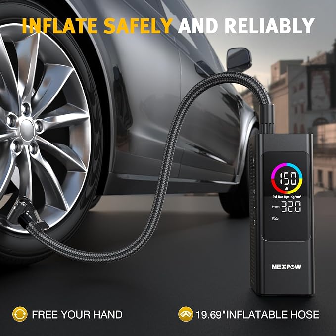 Tire Inflator Portable Air Compressor, 150 PSI Cordless Car Air Pump with Digital Gauge, Rechargeable 7800mAh Battery, LED Light, for Car Tires, Bike, Motorcycle, Ball, Inflatables
