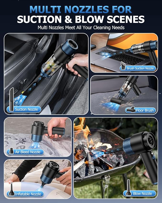 Handheld Car Vacuum Cleaner Cordless Rechargeable | 15000PA Powerful Suction, 4-in-1 Air Duster & Blower, Built-in LED Light, Multi Nozzles, Mini Portable Vacuum for Car & Home