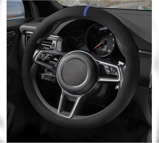 Suede Steering Wheel Cover with Upgraded Silicone Inner Ring, Breathable, Anti-Slip, Leather Universal 14.5 to 15 Inch Steering Wheel Cover (Black with Blue Mark)