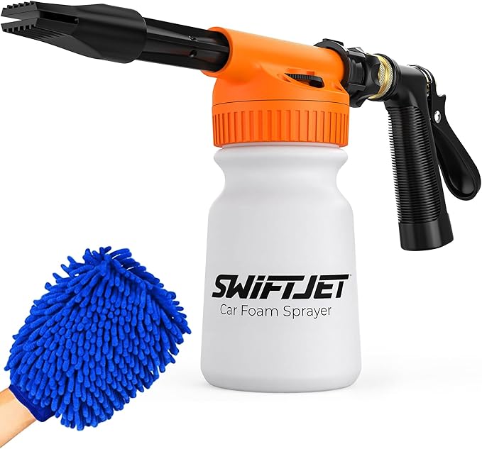 Car Wash Foam Gun + Microfiber Wash Mitt - Foam Cannon Works with Any Soap - Garden Hose Car Foam Sprayer - Car Wash Kit - Car Accessories Foam Blaster (Orange Foam Gun with Mitt)