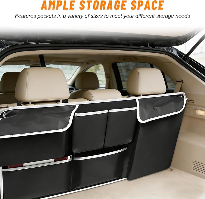 Car Trunk Hanging Organizer, Collapsible Backseat Storage Bag with 6 Fabric Pockets & Adjustable Straps, Multi-Functional Oxford Cloth Trunk Organizer for Cars Trucks SUVs