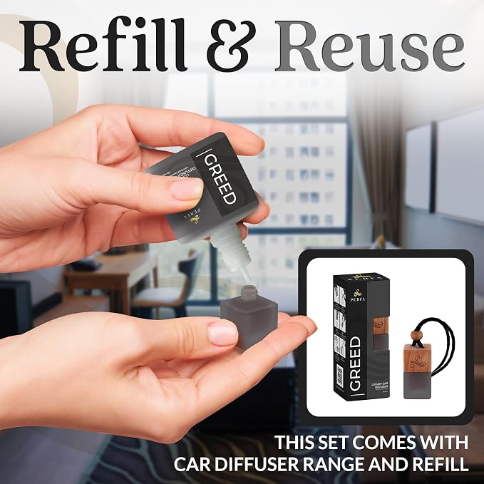 Greed Gift Set with Refill Bottle | Perfume Inspired Car Fragrances | Strong Car Freshener with Odor Eliminator Technology | Greed Automotive Freshener by