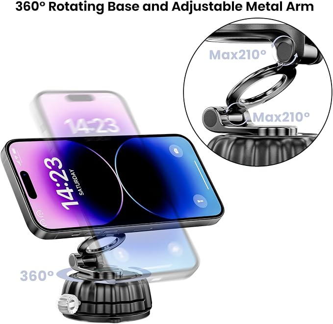 Strong Suction Cup Magnetic Car Phone Holder for iPhone & Android Phones, Shock-Resistant Phone Mount for Dashboard Windshield, 360° Rotation, Heavy-Duty, Foldable, Hands-Free, Ideal for Navigation