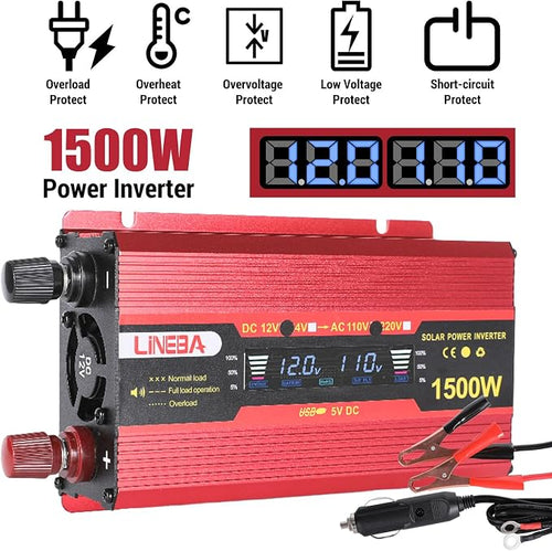 1500 Watt Power Inverter with LED Display,Dual AC Outlets,USB Port, 12V DC to 110V AC Converter Car Power Inverter for Vehicles, Car, RV, Truck, Off Grid Solar System, Outdoor Camping
