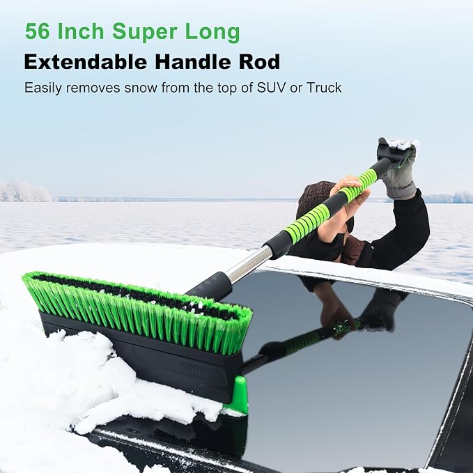 56 Inch Truck Snow Brush Scraper Long Handle, Heavy Duty Extendable Snow Broom for SUV, Windshield Ice Scraper with Foam Grip for Car Automobile Vehicle Window - Green