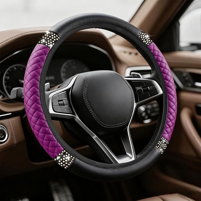 Bling Soft Leather Steering Wheel Cover, Steering Wheel Protector, 15 Inch Rhinestones Car Elastic Protector with Crystal Diamond for Women Girls, Car Accessory for Vehicles (Purple)