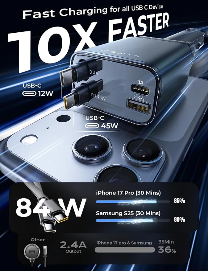 Retractable Car Charger, Duanl C Retractable Car Chagrer 84W Car Charger USB C Fast Charger Adapter, Car Accessories for Men Women, for iPhone 17 16 15 14 13 12 Pro Max, Grey