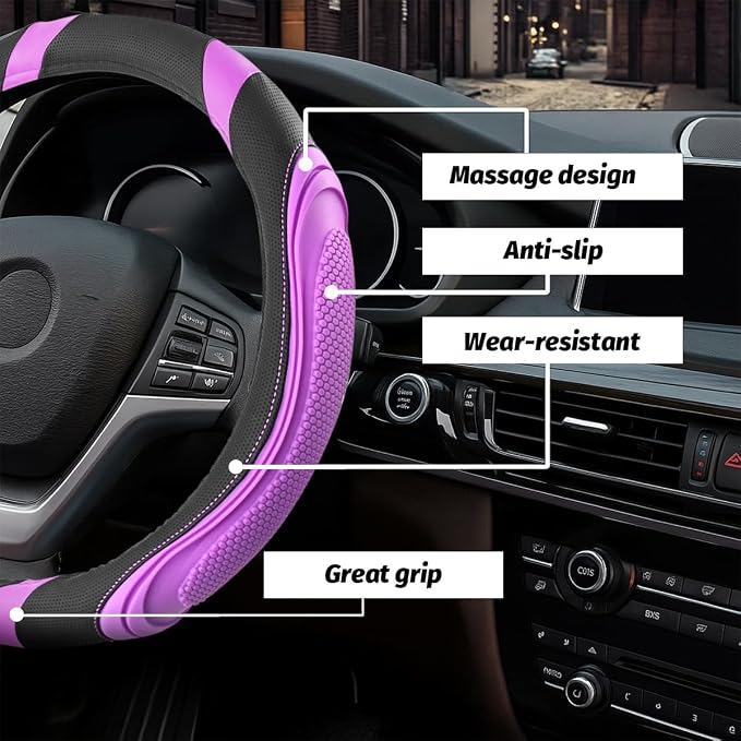15 Inch Car Leather Steering Wheel Cover, Automotive Accessories Elastic Breathable Anti-Slip Soft Wheel Protector Fits Men and Women, Suitable for SUVs, Trucks, Vehicles and RVs (Purple)