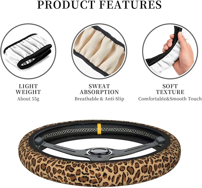 Leopard Steering Wheel Cover Anti-Slip and Practical 14.5-15 Inch Universal Car Steering Wheel Cover with 2 Pieces Car Coasters Suitable for Men Women