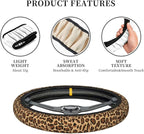 Leopard Steering Wheel Cover Anti-Slip and Practical 14.5-15 Inch Universal Car Steering Wheel Cover with 2 Pieces Car Coasters Suitable for Men Women