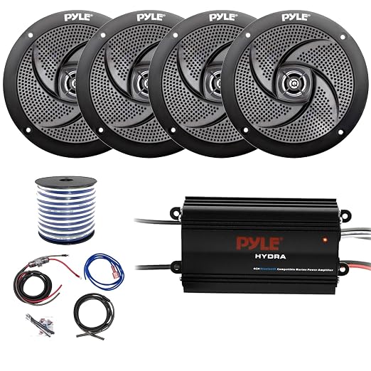 Pyle Marine 4-Channel Bluetooth Waterproof Amplifier Bundle Combo with 4X 6.5 Waterproof Weather Resistant 240W Peak Black Audio Speakers, Amp Install Kit, 18-G 50 Ft Speaker Wire