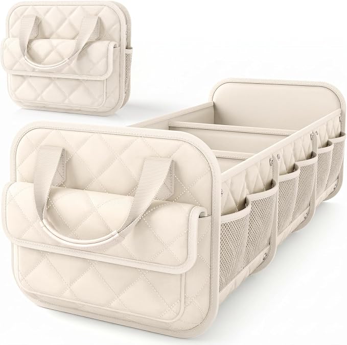 Car Trunk Organizer for Women & Men Foldable SUV Storage Accessories | 3 Compartments, Road Trip, Camping, Shopping, for Tools & Outdoor Storage, Fits Truck, Van, Sedan, Beige, 32.3" x 12.8" x 11"