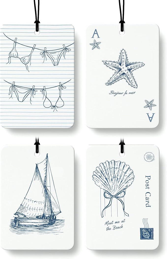 Blue Coastal Car Air Freshener 4 Pcs Coconut Scented, Preppy Starfish Sailing Seashell Car Accessories Mirror Decor for Women, Cute Nautical Hanging Air Freshener for Cars Closet Drawer Books
