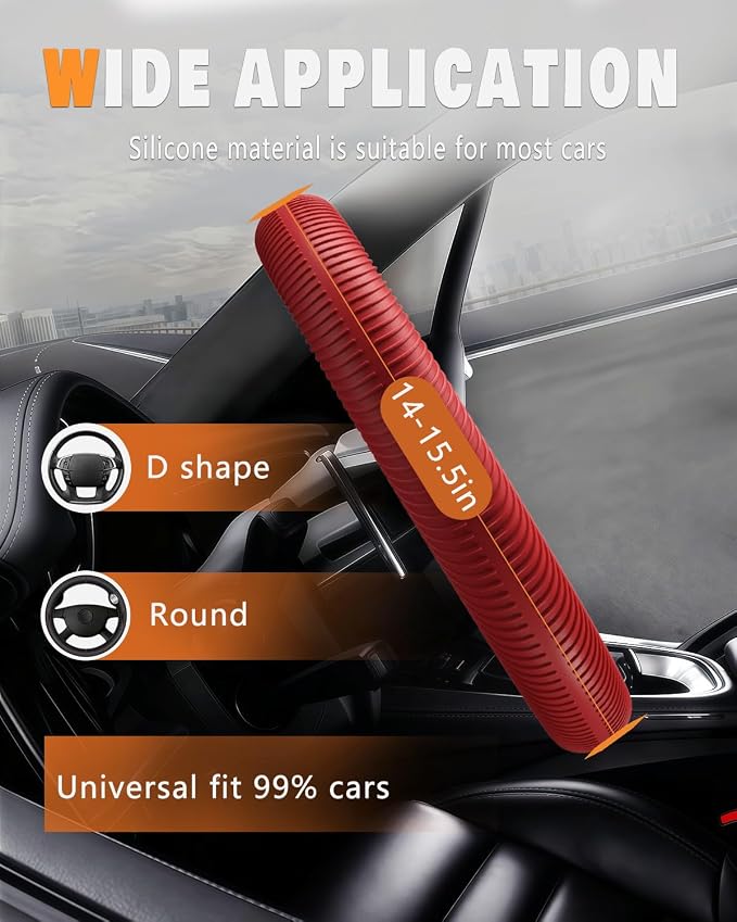 Car Steering Wheel Cover, Thin Anti-Skid Silicone Steering Wheel Cover for Men & Women, Universal Automotive Interior Accessories for Most Cars (Red)