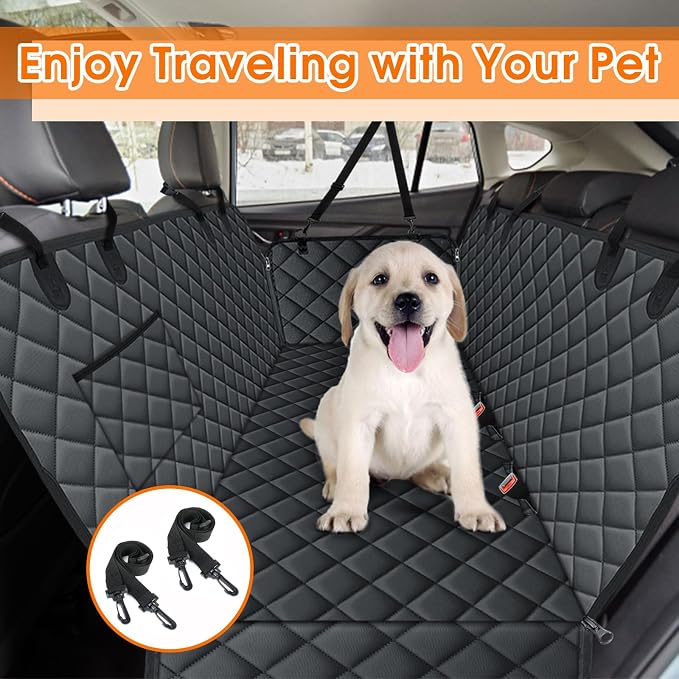 Waterproof Dog Car Seat Cover for Back Seat, Pet Hammock- L, Black | Durable waterproof hammock with nonslip design & storage pockets. Protects seats from scratches, fits cars, SUVs & trucks.